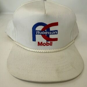 Vintage Robinson Mobil Oil Trucker Hat White Rope Snapback Gas Station Cap Mens